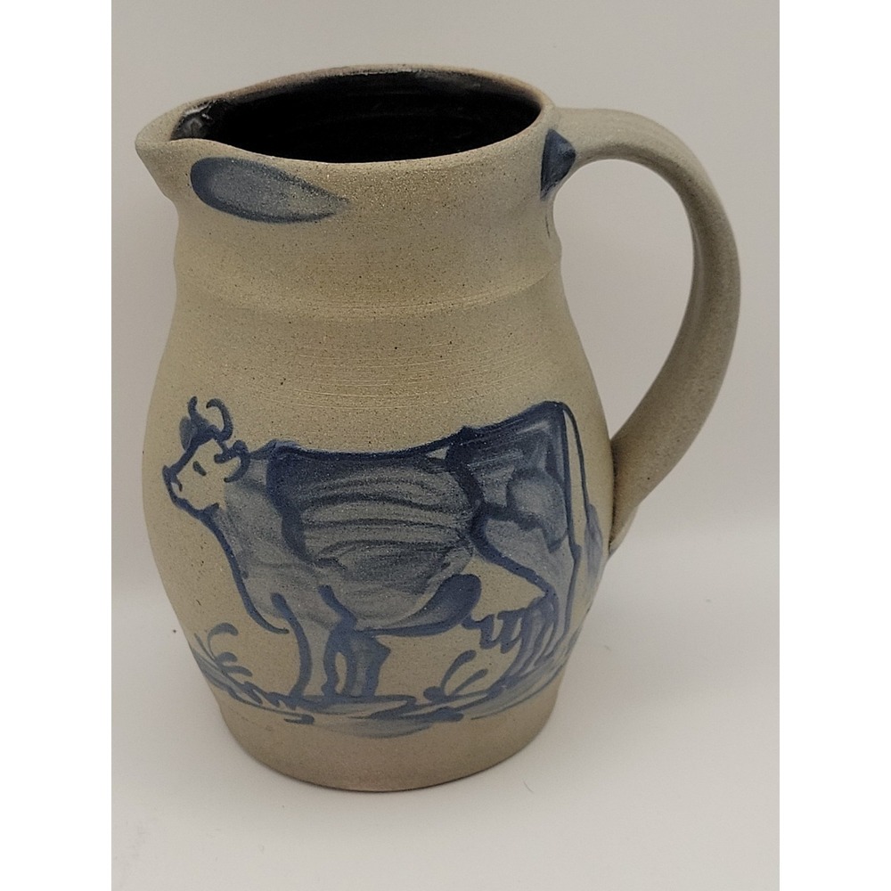 Vintage 1992 Rowe Pottery Works Salt Glaze Stoneware Milk Pitcher Cobalt Blue...